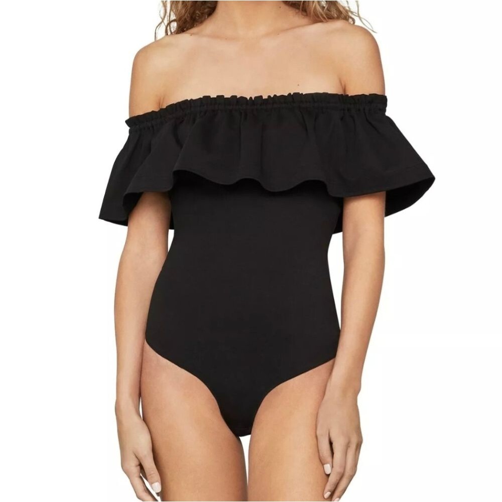 BCBGMaxAzria Black Ruffle Off The Shoulder Bodysuit Size XXS